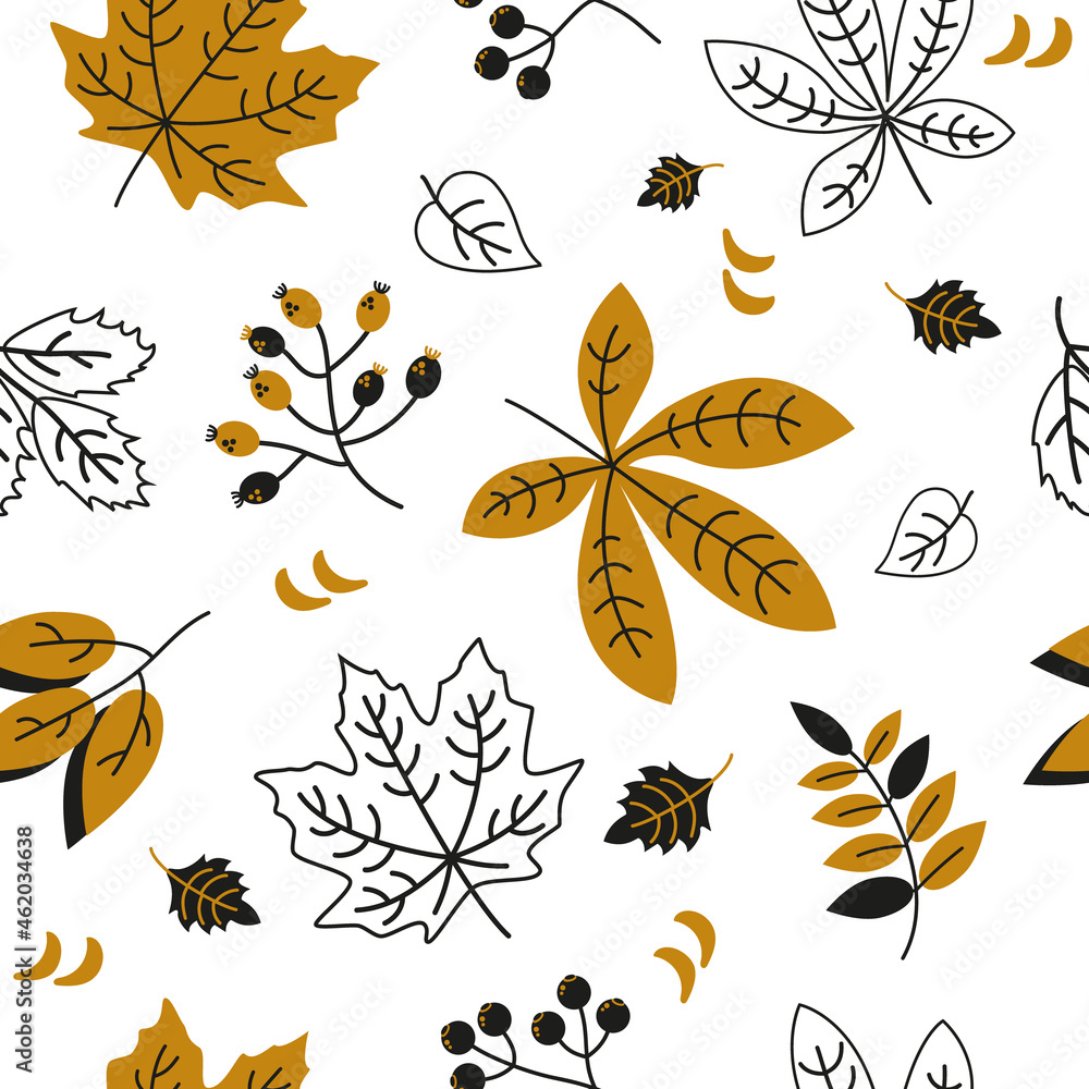 Pattern of silhouettes of leaves and berries of black gold color on a transparent background Pattern of silhouettes of leaves and berries of black gold color on a transparent background