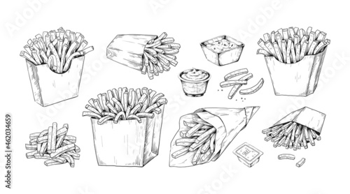 Hand drawn French fries. Fast food menu. Potato in cardboard boxes and paper bags with sauce. Fried meal dips engraving sketch. Unhealthy nutrition. Vector isolated takeaway snacks set