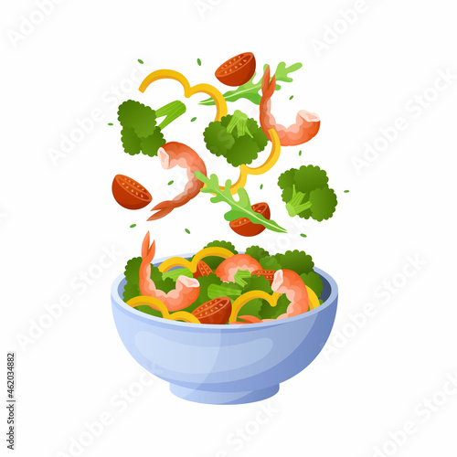 Flying salad. Cartoon bowl with healthy organic ingredients. Green arugula leaves, tomato slices and shrimps. Vegetable pieces falling in plate. Vector vegetarian diet breakfast menu