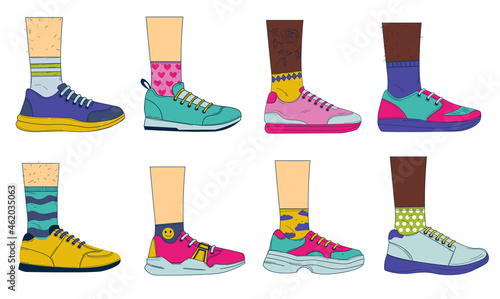 Doodle legs with shoes. Sport fashion footwear on woman's and man's feet with colored socks. Vintage casual sneakers set. Side view of boots with shoelaces. Vector people wear footgear