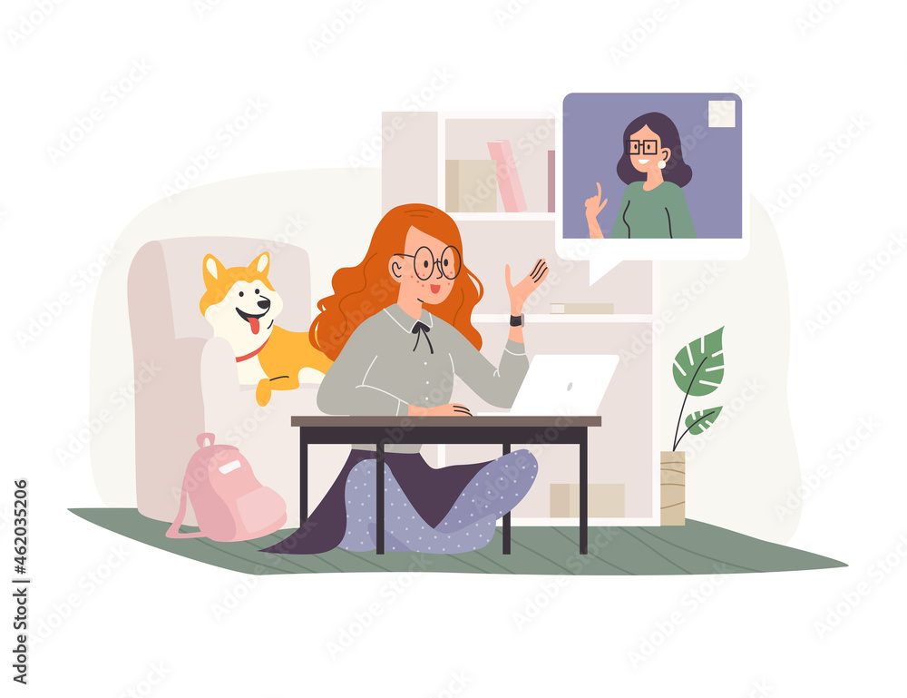 Vector flat cartoon illustration of young girl student at laptop having  online lesson at home. Distance study, remote learning, online school  classes, teaching. Stock Vector | Adobe Stock