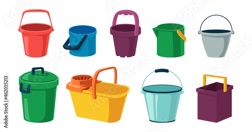 Cartoon bucket. Plastic and metal container with lid and handle for water. Open or closed tanks collection. Garbage cans. Household cleaning or garden tools. Vector bright pails set