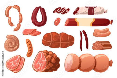 Cartoon sausages. Meat grocery assortment. Pork, chicken and beef smoked products. Butchery collection. Salami slices and ham rings. Delicious frankfurters. Vector gourmet food set
