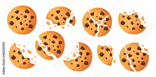 Chocolate chip cookie. Cartoon sweet cake with butter dough. Full and half isolated pastry. Bitten and crushed choco snack. Tasty food pieces and crumbs. Vector confectionery products set