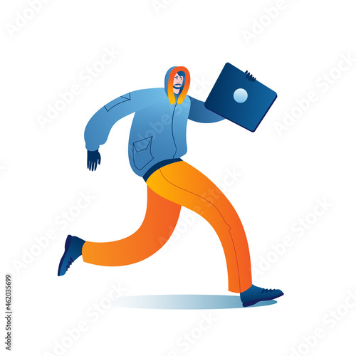 A man in warm winter clothes is walking with laptop. An isolated vector business character.