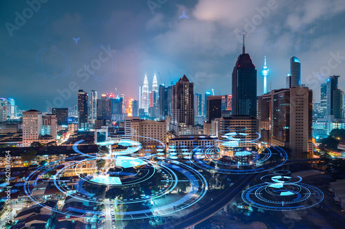 Photography Information flow hologram, night panorama city view of Kuala Lumpur