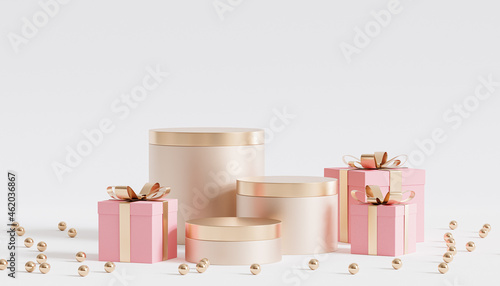 Golden podiums or pedestals for products or advertising with gift boxes, 3d render
