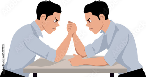 Young man arm-wrestling himself as a metaphor for internal conflict, EPS 8 vector illustration
