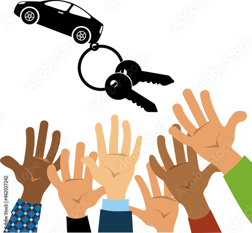 People's hands reaching for a car keys, representing market car shortage, EPS 8 vector illustration