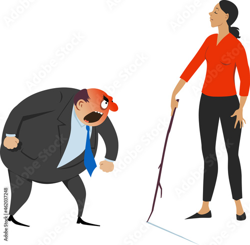 Assertive woman drawing the line in front of a verbally abusive person, setting boundaries, EPS 8 vector illustration