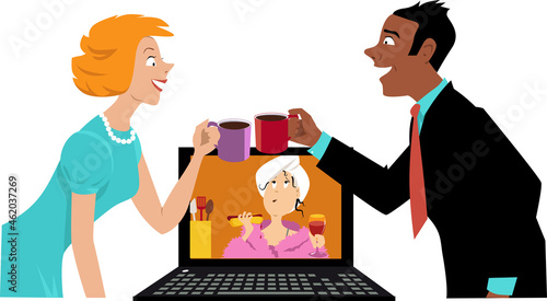 Woman still working from home remotely looking jealously at her coworkers returning to office, EPS 8 vector illustration