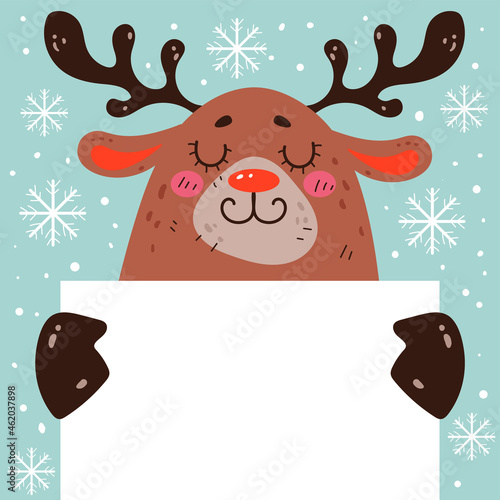 Christmas deer reindeer bunny holding blank banner concept. Vector cartoon hand drawn illustration