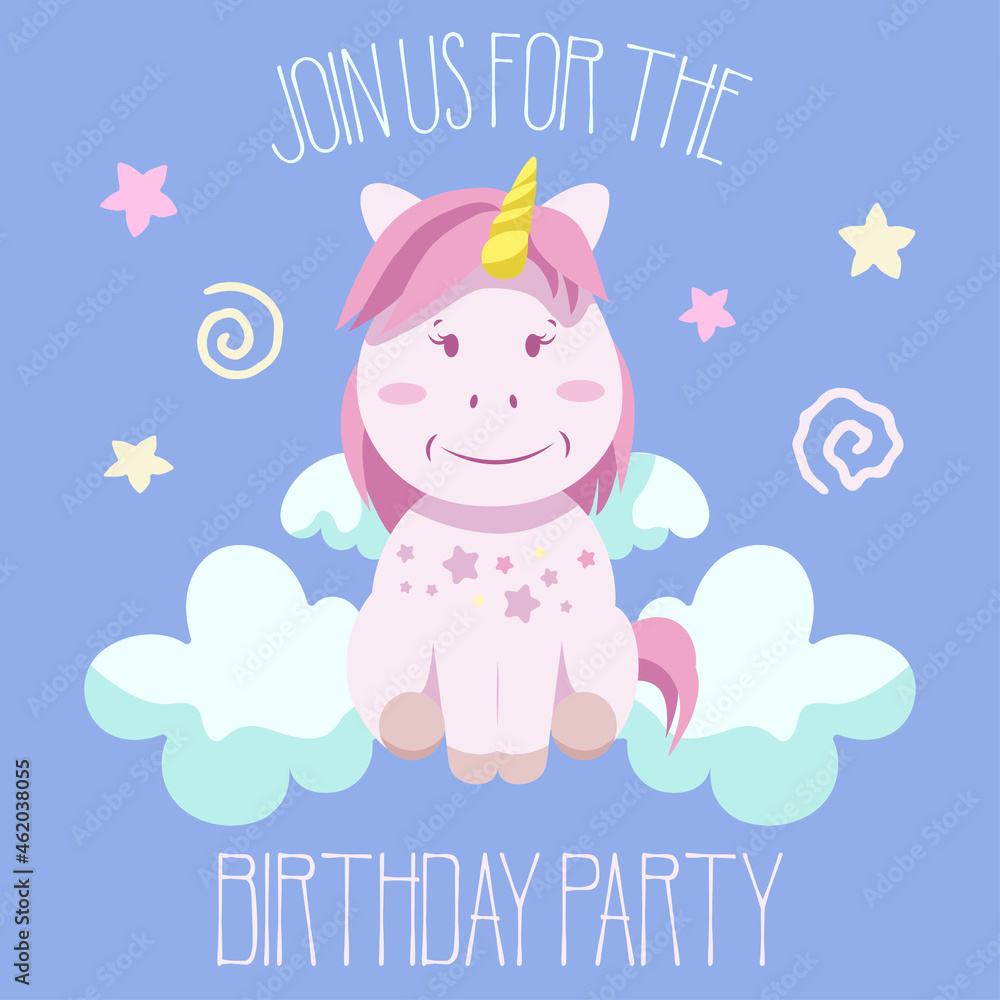 Fototapeta Birthday party invitation with baby unicorn