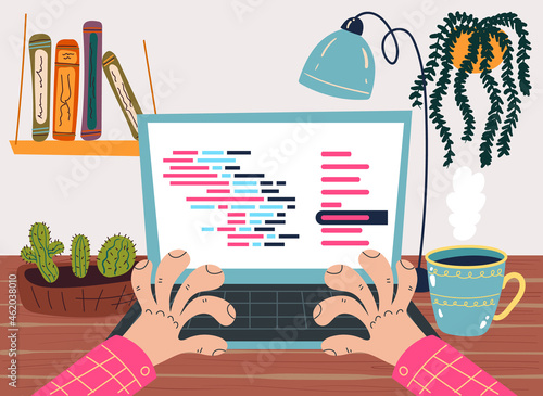 Programmer worker character develope computer programm code concept. Vector cartoon hand drawn illustration