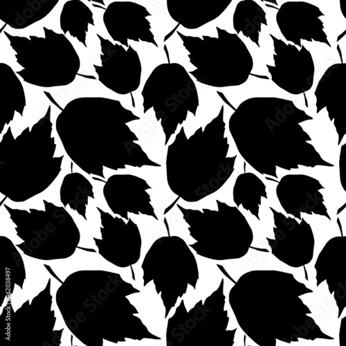 Falling leaves seamless pattern. Monochrome foliage boundless background. Black and white botanic endless texture. Leaves repeating surface design. Herbal backdrop.