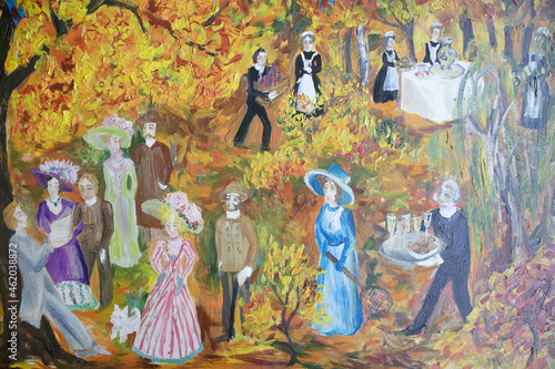 Historical personages Belle Epoque. Autumn landscape with leisure people. Ladies and gentlemen in park fine art illustration. Servants with refreshment artwork. Reading poet indolence concept.