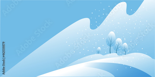 Beautiful winter landscape in blue shades with snow. Horizontal banner template. Vector illustration.