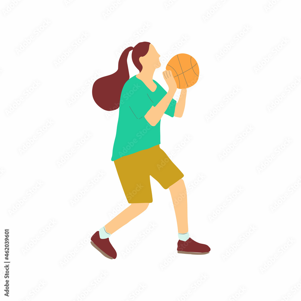 Playing basketball woman on a white background. Team sport. Championship and training concept. Sport template design with sportswomen in flat style. Vector illustration