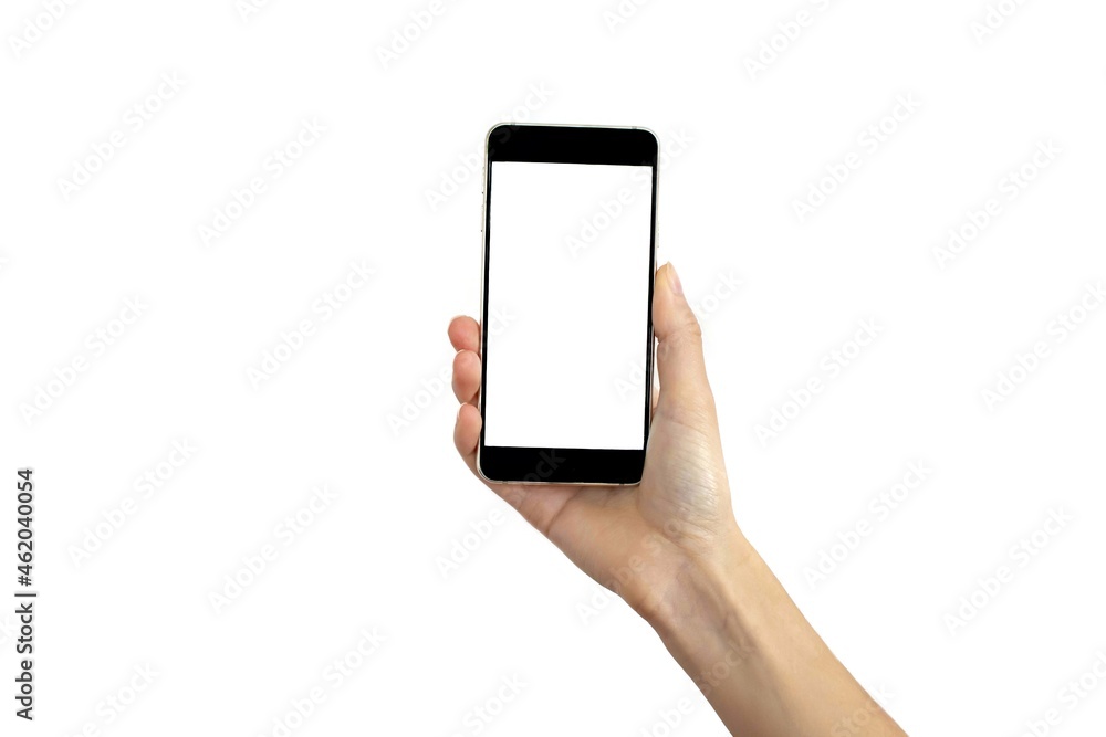 Hand holding smartphone, woman hand using blank screen mobile phone isolated on white background.