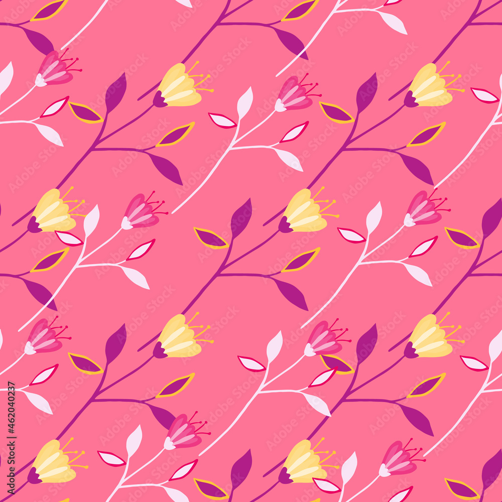 Fashion wildflower seamless pattern on red background. Abstract botanical design.