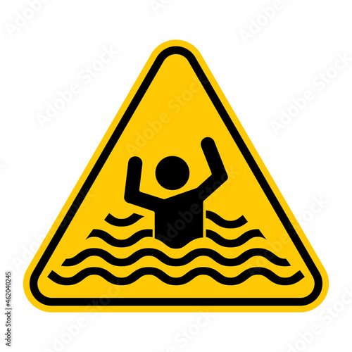 Risk of drowning warning sign. Vector illustration of yellow triangle sign with sinking man. Caution high water level. Symbol used near water body. Deep ocean, sea and lake concept. Deep water symbol.