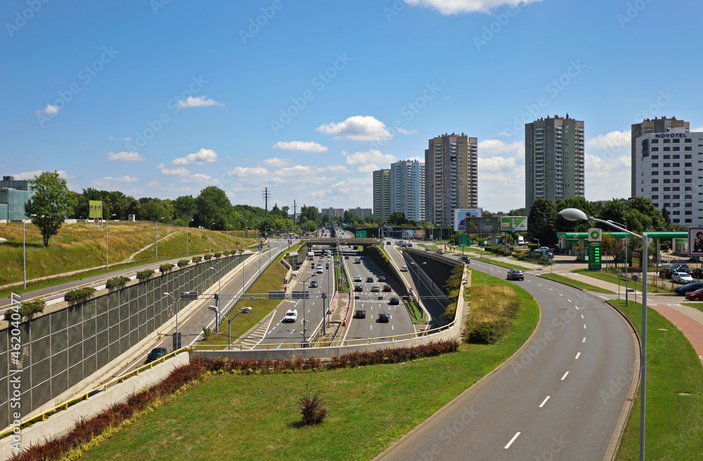 View to Walentego Rozdzienskiego Alley and the Central Highway (Drogowa Trasa Średnicowa). On the right side situated the Stars housing estate (Osiedle Gwiazdy). Katowice, Silesia, Poland.