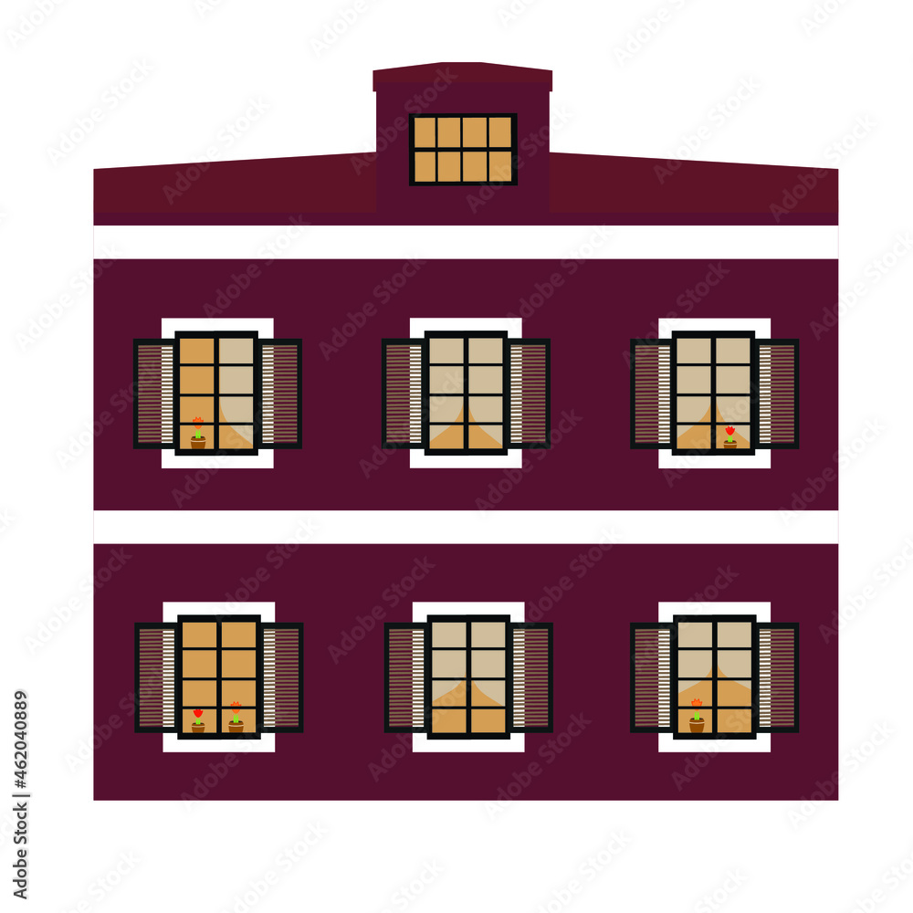 Facade detailed old European house. Old apartment house. City europe facade building illustration.