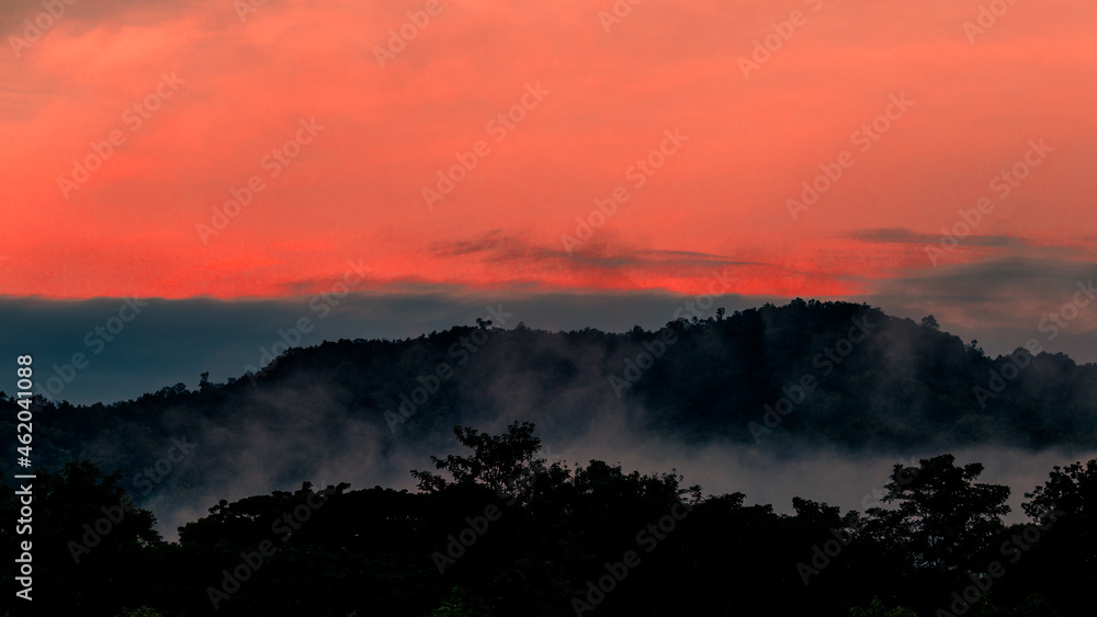 Panoramic nature background (mountains, sea, trees, twilight lights in the sky, waterfront communities), naturally blurred through the wind, seen on tourist spots or scenic spots