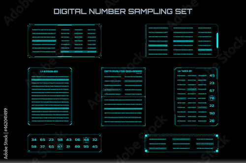 Futuristic Encoding Number Data Sampling Simulation Vector Set. HUD Technology Encoding Display Information Element.