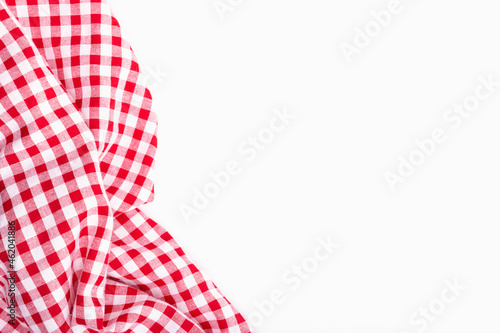 Tablecloth picnic Red, white texture checkers on white background. fabric crumpled with copy space.