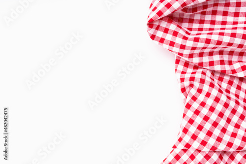 Tablecloth picnic Red, white texture checkers. Fabric textile crumpled on white background.