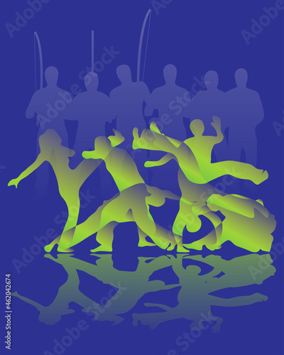 People performing capoeira show. vector silhouette, artistic poster