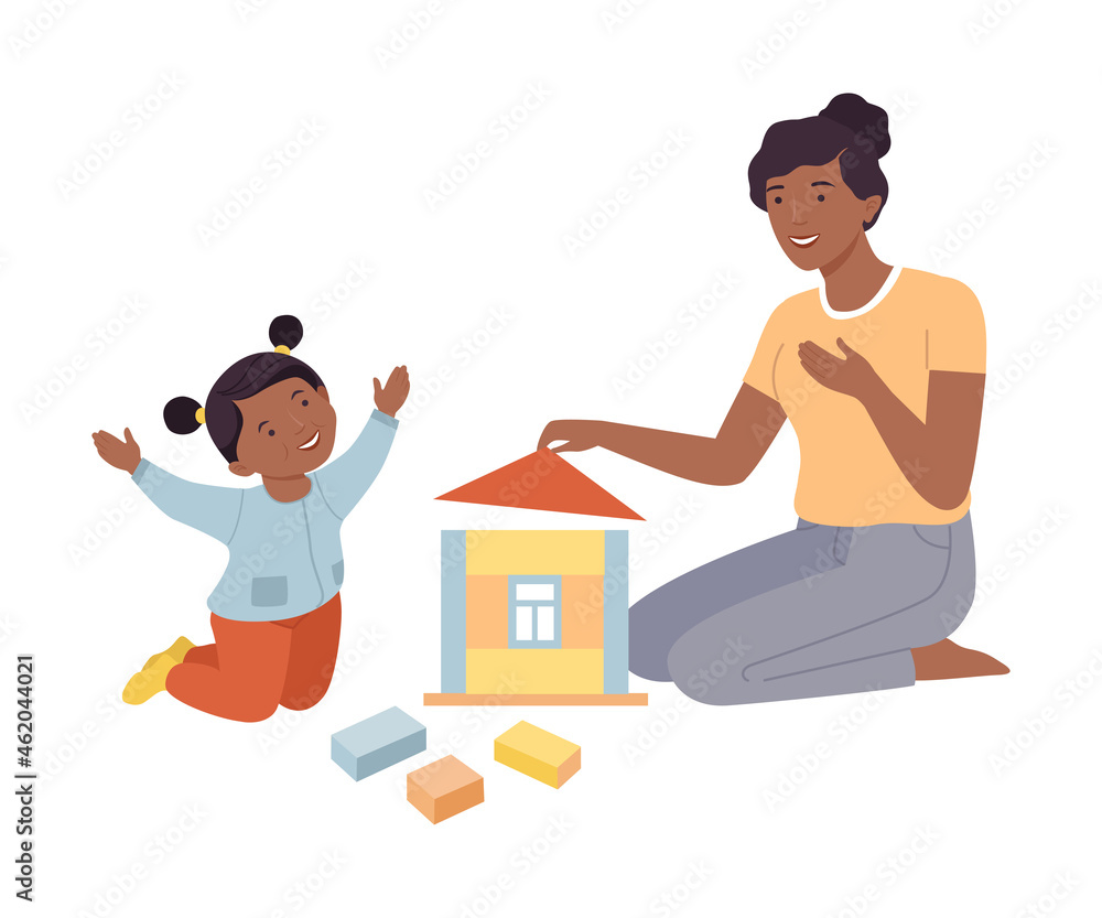 Mom and daughter playing toy blocks together. Family spending time together and gaming cartoon vector illustration Mom and daughter playing toy blocks together. Family spending time together and gaming cartoon vector illustration