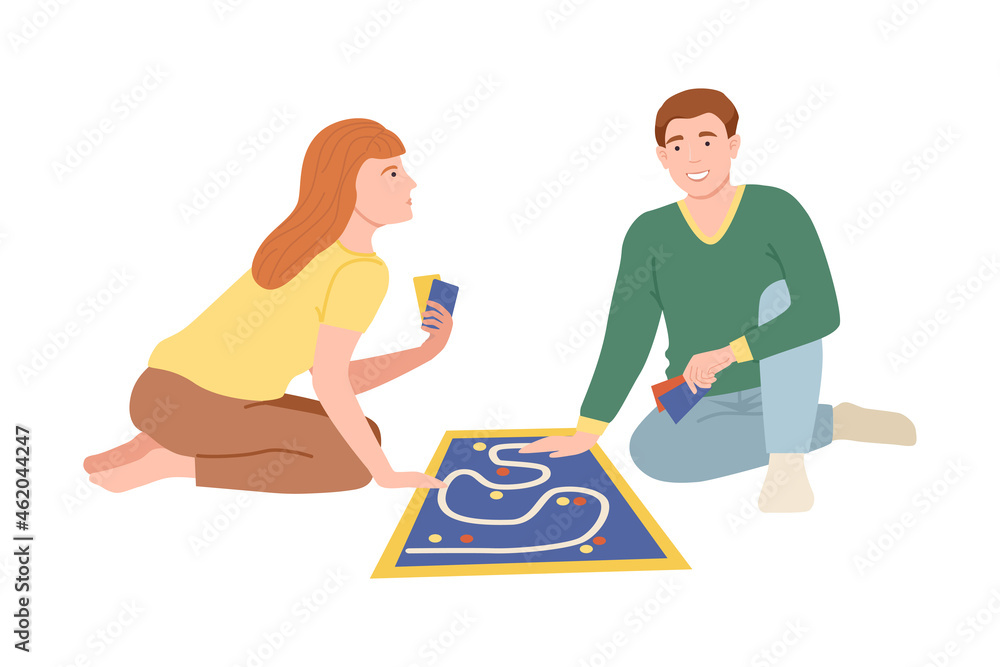 Family couple sitting on floor and playing adventure board game. People spending pastime together at home cartoon vector illustration Family couple sitting on floor and playing adventure board game. People spending pastime together at home cartoon vector illustration