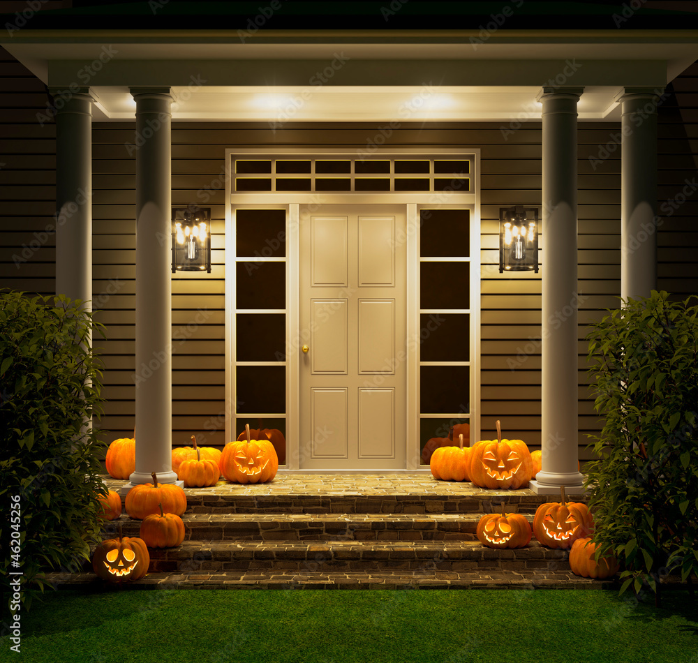 Halloween. Pumpkins with glowing eyes on the porch of the house. 3d illustration - obrazy, fototapety, plakaty 