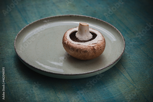 Cooking food - mushroom champion. Flat lay background