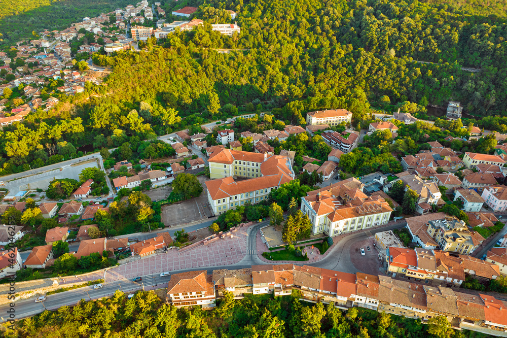 Aerial drone view over Veliko Tarnovo in Bulgaria.