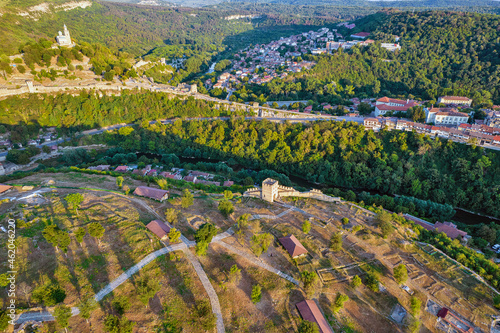 Aerial drone view over Veliko Tarnovo in Bulgaria.