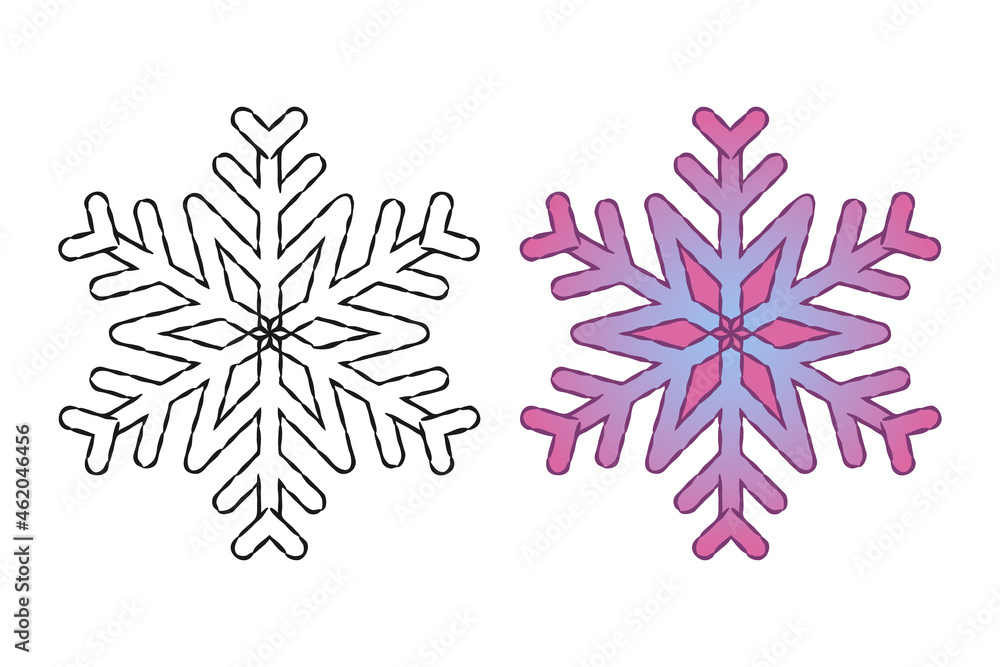 New Year snowflake icon set, hand drawn ink brush strokes. Two images in outline mode, blue lilac color gradient, doodle sketch style design. White background. Vector New Year snowflake icon set, hand drawn ink brush strokes. Two images in outline mode, blue lilac color gradient, doodle sketch style design. White background. Vector