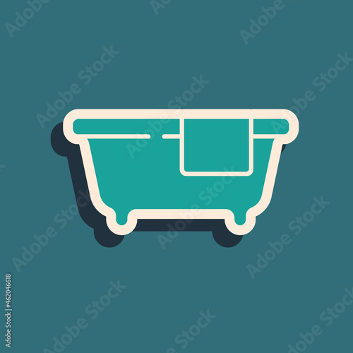 Green Bathtub icon isolated on green background. Long shadow style. Vector