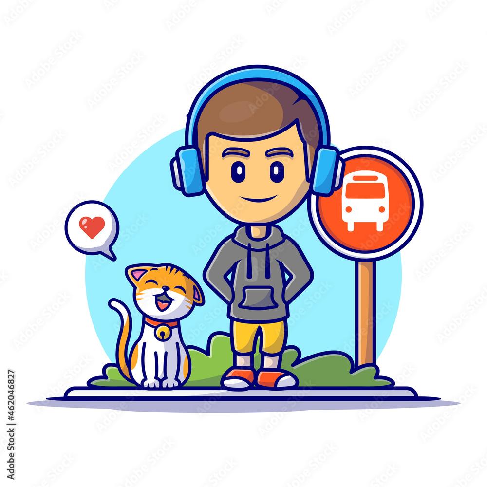 Cute Male With Cat Waiting Bus Cartoon Vector Icon Illustration. People Animal Icon Concept Isolated Premium Vector. Flat Cartoon Style. 