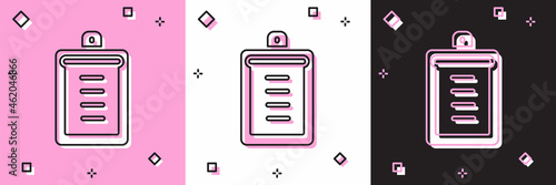 Set Clipboard with checklist icon isolated on pink and white, black background. Control list symbol. Survey poll or questionnaire feedback form. Vector