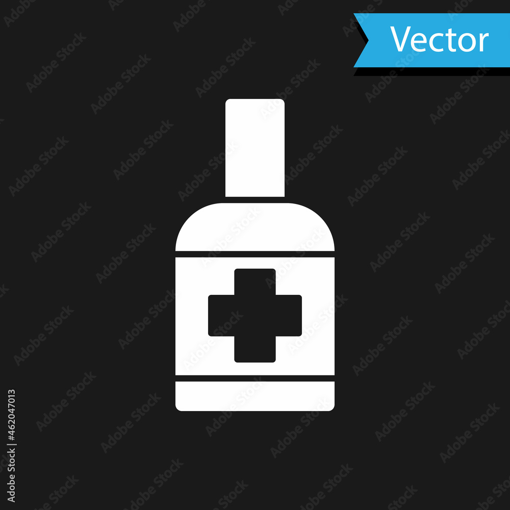 White Bottle of liquid antibacterial soap with dispenser icon isolated on black background. Antiseptic. Disinfection, hygiene, skin care. Vector. White Bottle of liquid antibacterial soap with dispenser icon isolated on black background. Antiseptic. Disinfection, hygiene, skin care. Vector.