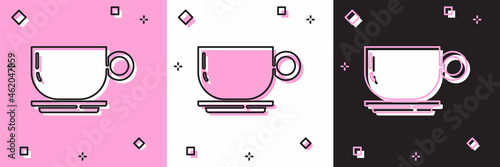 Set Coffee cup icon isolated on pink and white, black background. Tea cup. Hot drink coffee. Vector