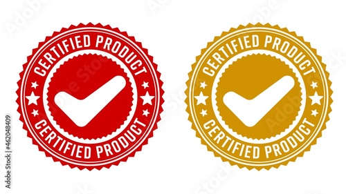 Quality control stamp seal or certified product badge set. Approval tag sticker or label with check mark tip guarantee origin validation vector illustration isolated on white background