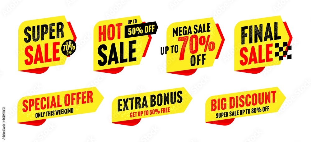 Super sale sticker, hot price tag, big discount badge set. Extra bonus and special offer with up to 50, 70 or 80 percent sale off only on weekend vector illustration isolated in white background