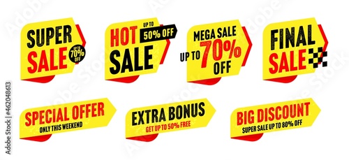 Super sale sticker, hot price tag, big discount badge set. Extra bonus and special offer with up to 50, 70 or 80 percent sale off only on weekend vector illustration isolated in white background