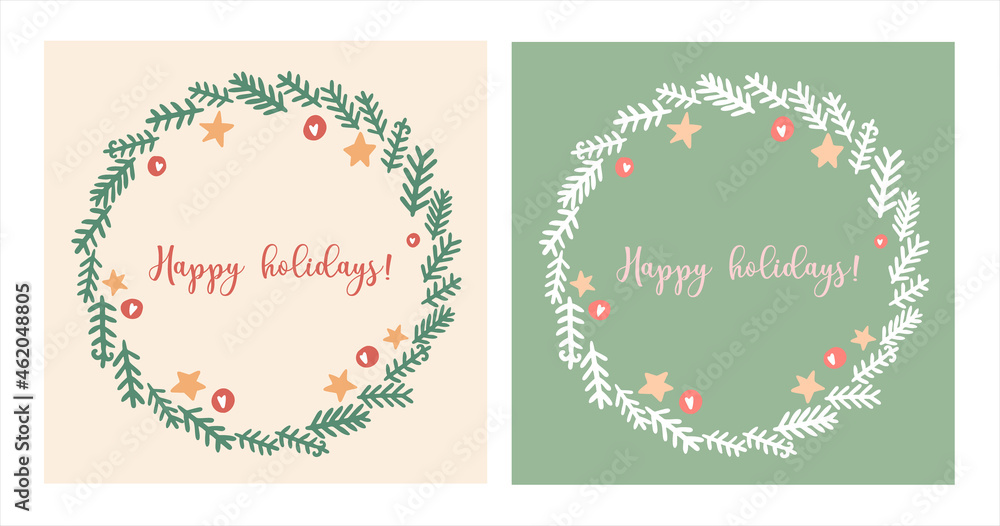 Christmas Wreath in simple hand drawn doodle style with cute decorations. Xmas greeting card template, winter season festive poster or postcard design. Two soft vintage color variations. 	