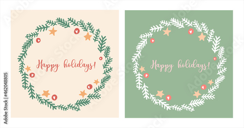 Christmas Wreath in simple hand drawn doodle style with cute decorations. Xmas greeting card template, winter season festive poster or postcard design. Two soft vintage color variations. 	