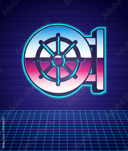 Retro style Dharma wheel icon isolated futuristic landscape background. Buddhism religion sign. Dharmachakra symbol. 80s fashion party. Vector